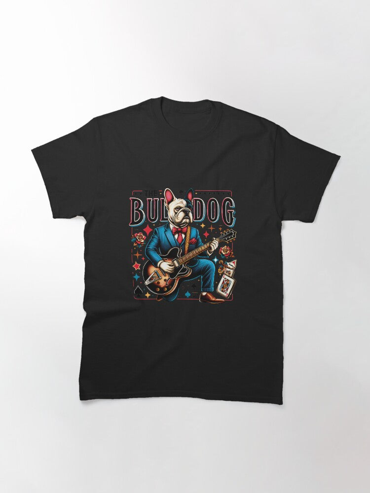 french bulldog funny t-shirt in a suit playing the guitar - Black Classic T-Shirt