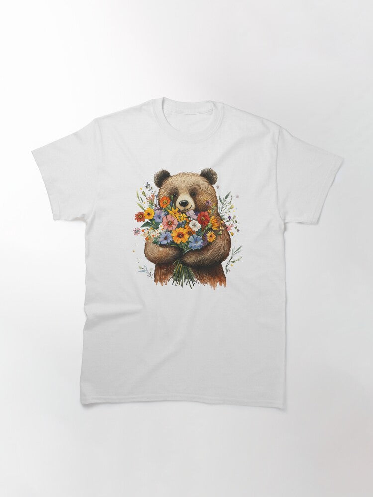 A brown bear is holding a big bouquet of flowers. Classic T-Shirt