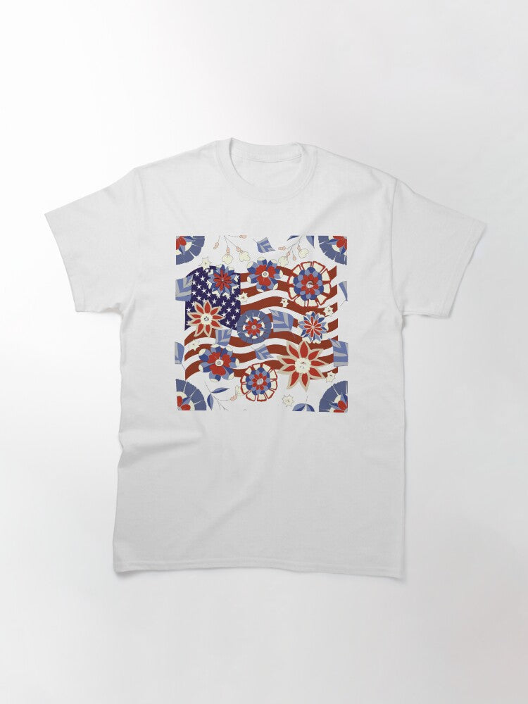 4th of July Abstract US Flag and Flowers Pattern Classic T-Shirt