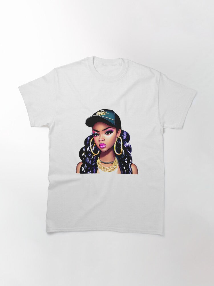 A Stunning Realistic African American Rapper Woman Wearing a Baseball Cap Classic T-Shirt