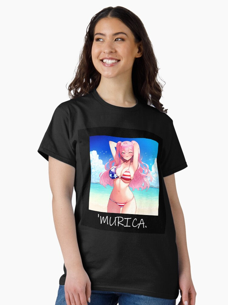 Pink Hair Anime Girl in American Flag Bikini Meme Format Classic T-Shirt