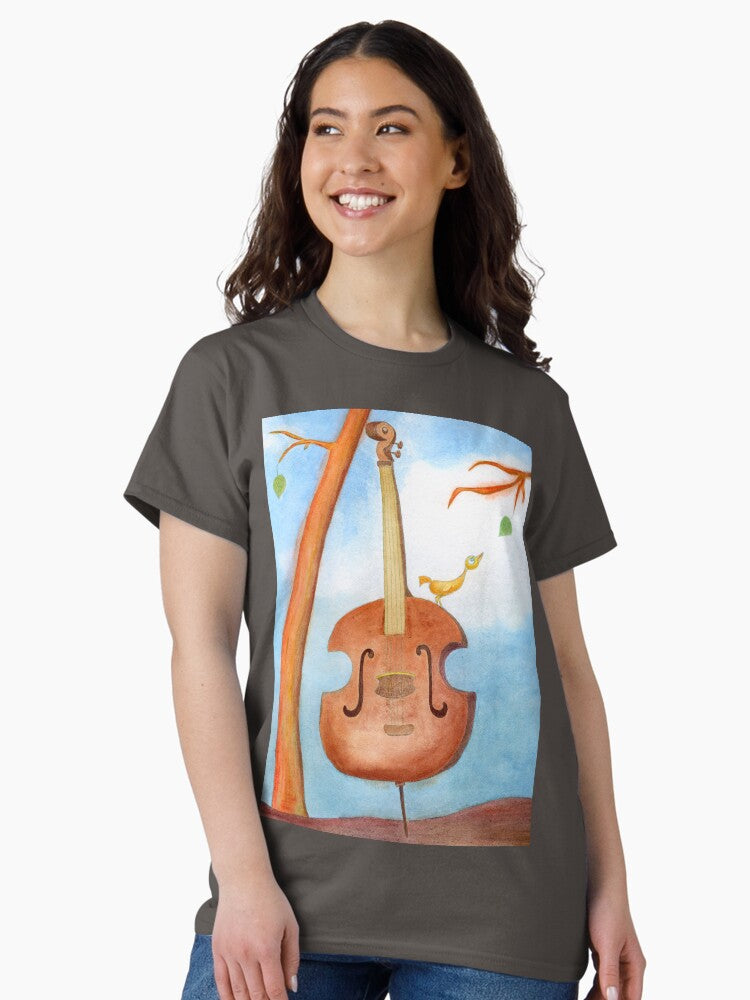 A Bird in a Cello Looking at a Leaf Classic T-Shirt