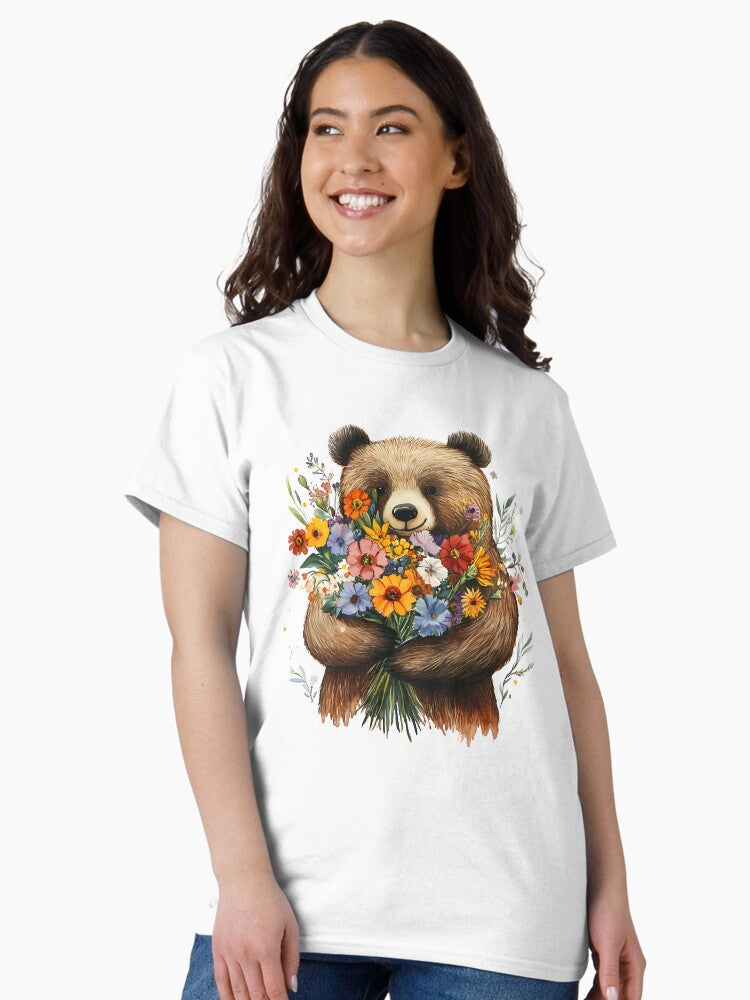 A brown bear is holding a big bouquet of flowers. Classic T-Shirt