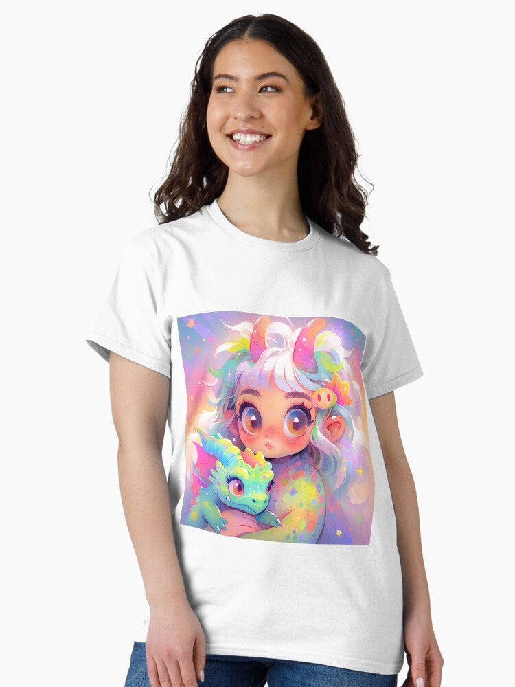Adorable Chibi Anime Girl and Baby Dragon Classic T-Shirt