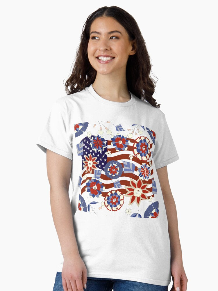4th of July Abstract US Flag and Flowers Pattern Classic T-Shirt
