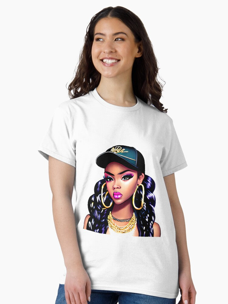 A Stunning Realistic African American Rapper Woman Wearing a Baseball Cap Classic T-Shirt
