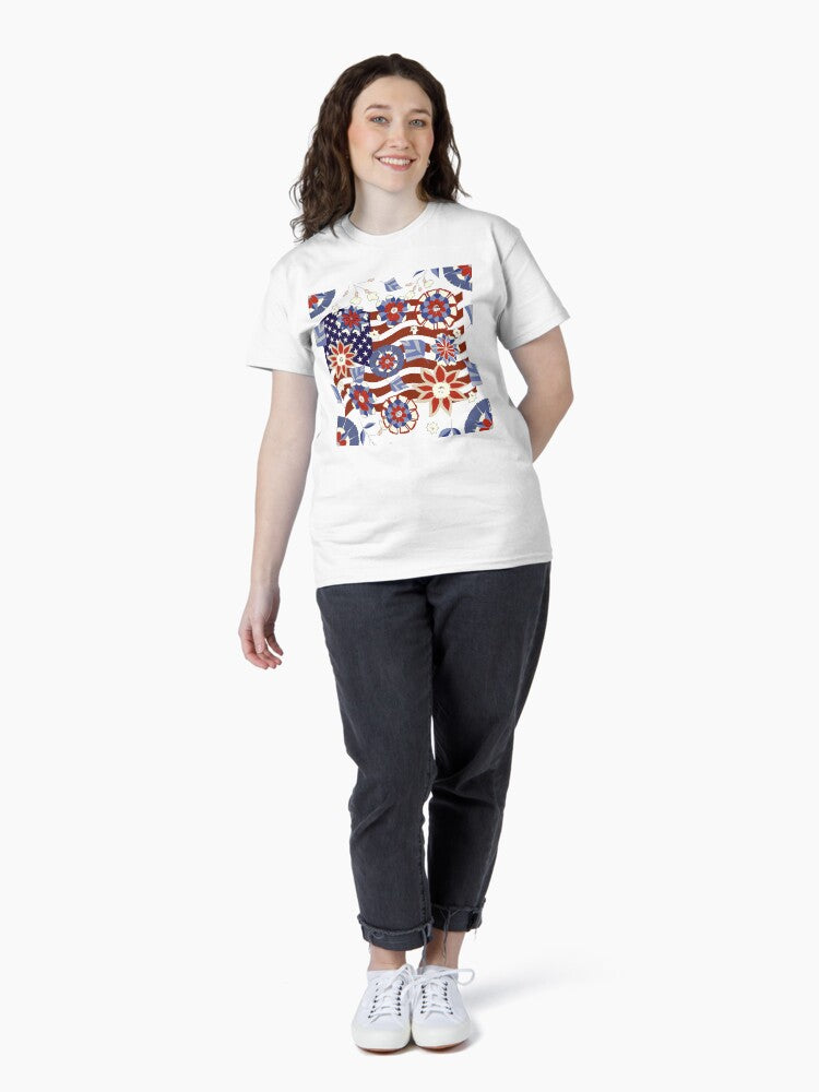 4th of July Abstract US Flag and Flowers Pattern Classic T-Shirt