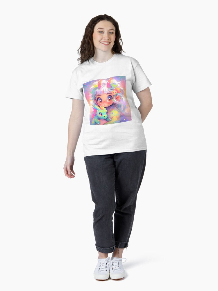 Adorable Chibi Anime Girl and Baby Dragon Classic T-Shirt