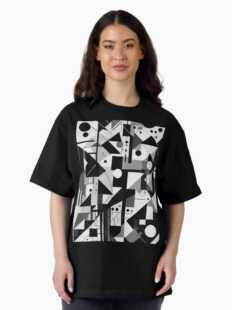 A black-and-white image featuring various geometric and abstract designs. Oversized T-Shirt Style001