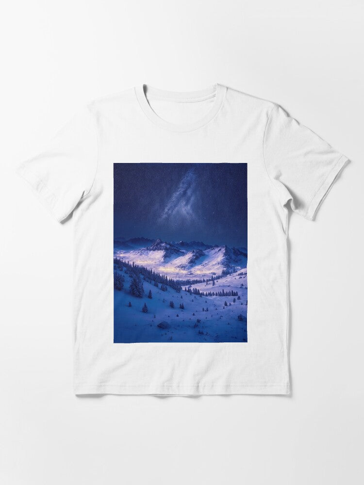 A Starry Night Sky Above Snow-Covered Peaks, Creating a Magical Ambiance in the Mountain Landscape, Ai Generated Art Essential T-Shirt