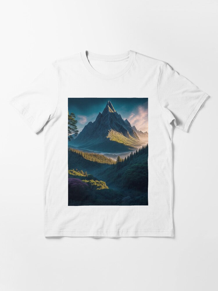 A Majestic Mountain Rising from a Lush Forest, Creating a Harmonious Blend of Rugged Beauty and Verdant Tranquility, Ai Generated Art Essential T-Shirt