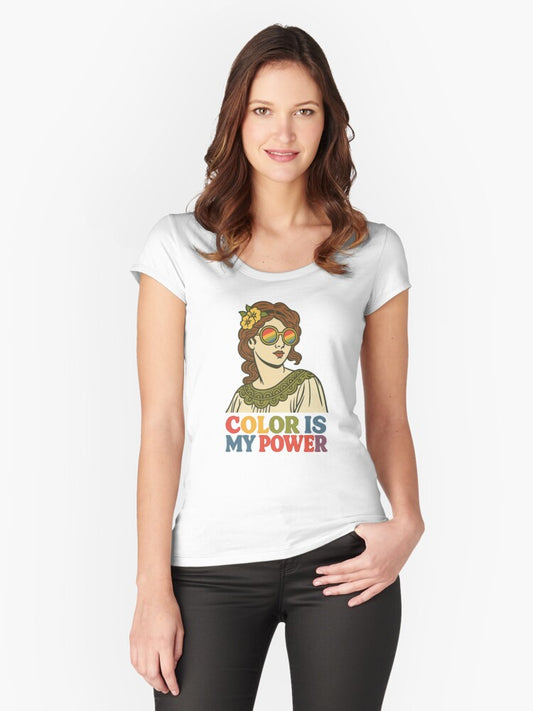 A confident young woman wearing sunglasses and a cool attitude. Fitted Scoop T-Shirt