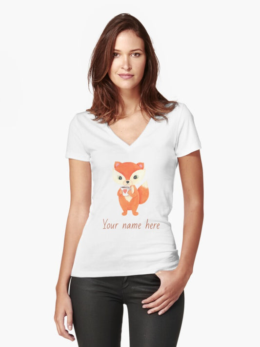 'Add your own name' Orange Fox Fitted V-Neck T-Shirt