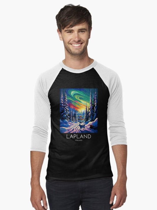 A Pop Art Travel Print of Lapland - Finland Baseball ¾ Sleeve T-Shirt