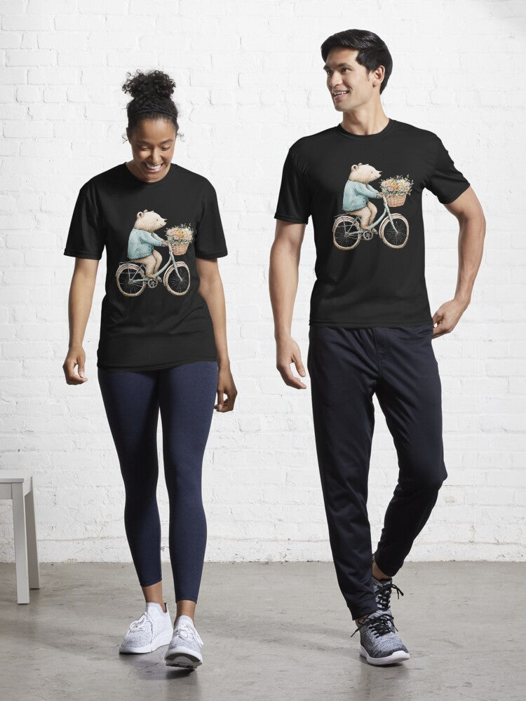 A white bear rides a bicycle with a bouquet of flowers. Active T-Shirt