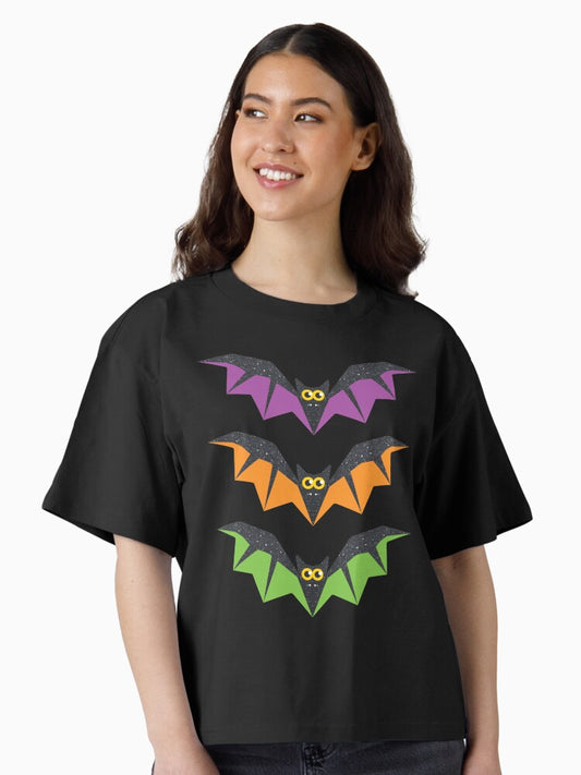 3 Funny Halloween Bats on Black Boxy T-Shirt