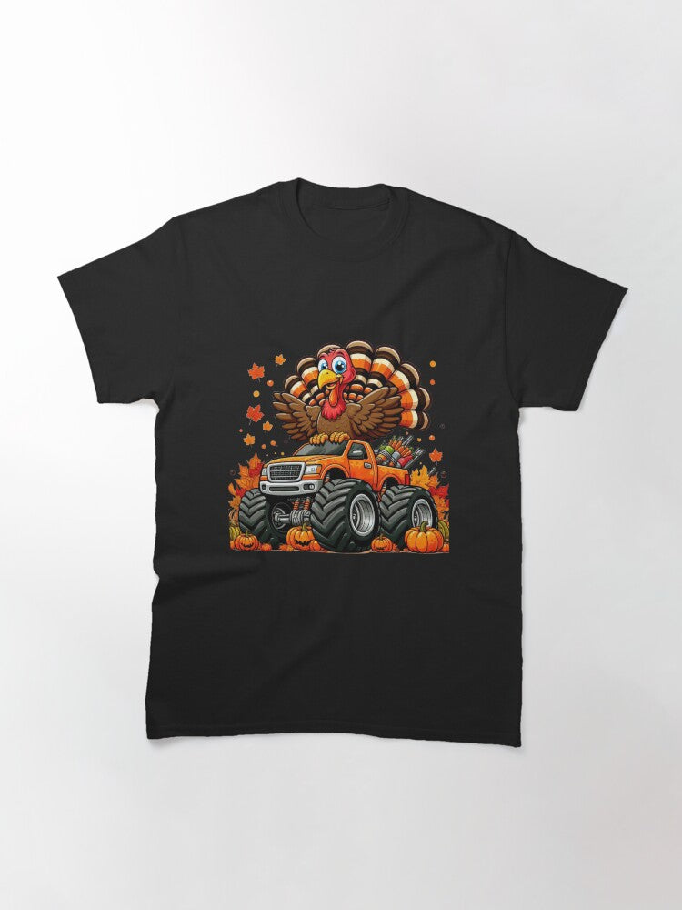 a cartoon turkey riding a monster truck that has a thanksgiving theme surrounded by fall Classic T-Shirt