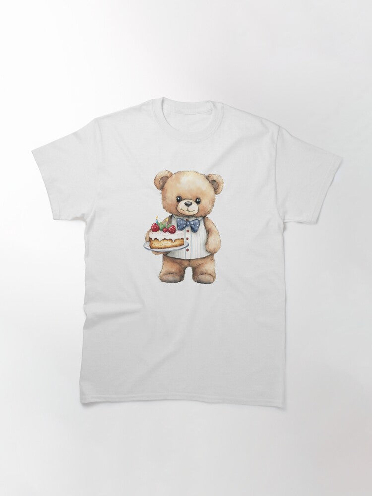 A teddy bear in a suit is holding a cake. Classic T-Shirt