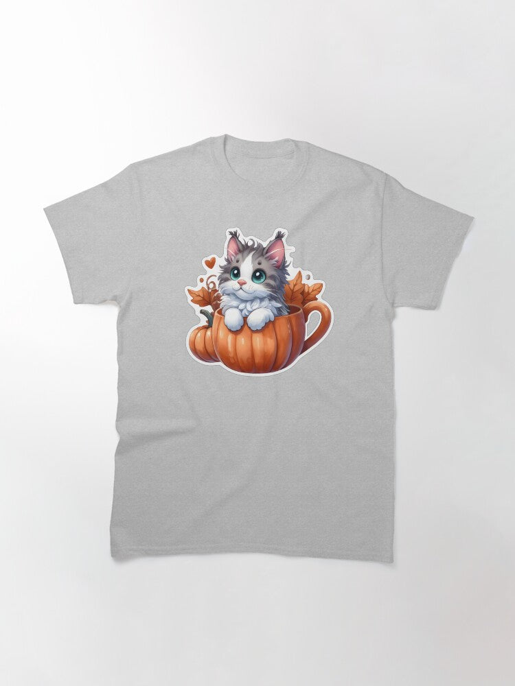 A gray maine coon kitten in a pumpkin cup. Classic T-Shirt