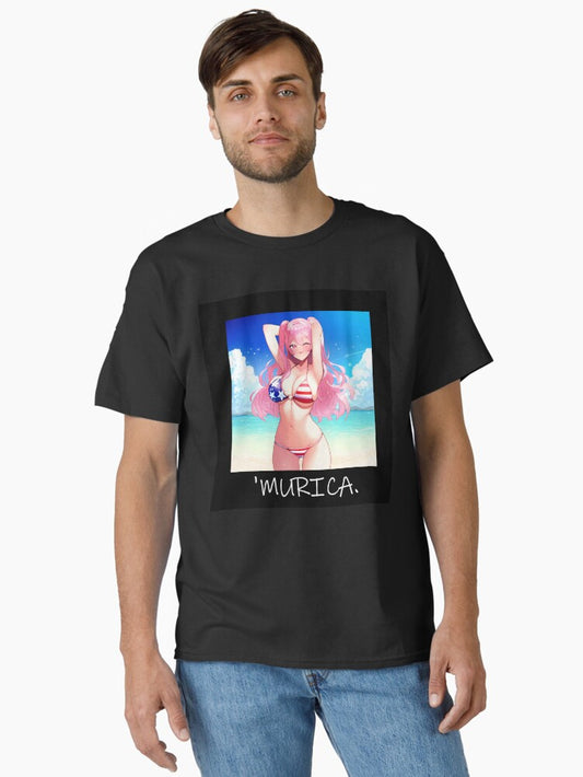 Pink Hair Anime Girl in American Flag Bikini Meme Format Classic T-Shirt
