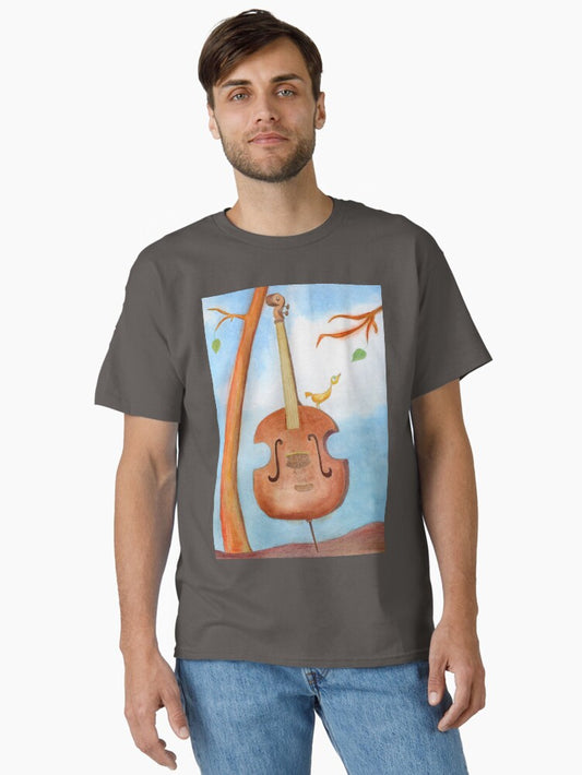 A Bird in a Cello Looking at a Leaf Classic T-Shirt