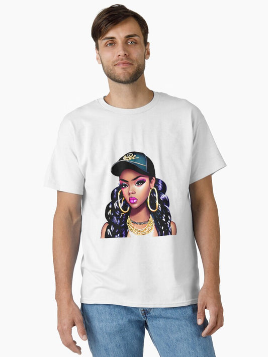 A Stunning Realistic African American Rapper Woman Wearing a Baseball Cap Classic T-Shirt
