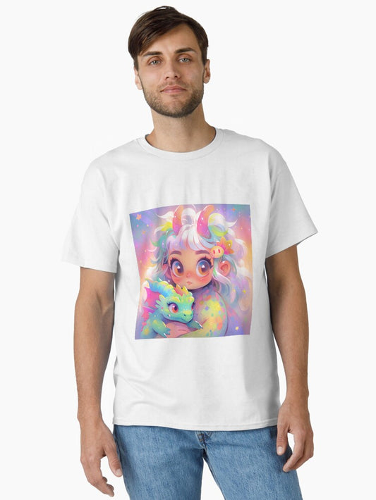 Adorable Chibi Anime Girl and Baby Dragon Classic T-Shirt