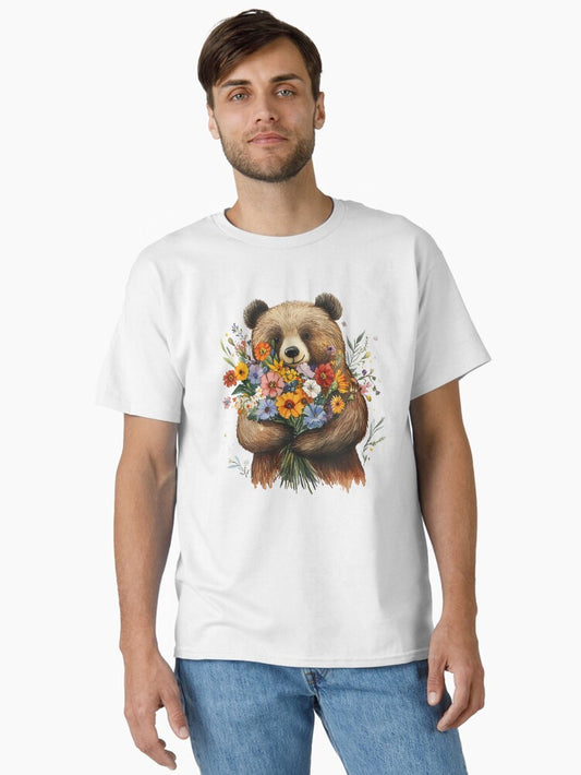 A brown bear is holding a big bouquet of flowers. Classic T-Shirt