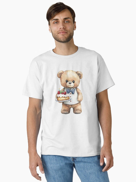 A teddy bear in a suit is holding a cake. Classic T-Shirt