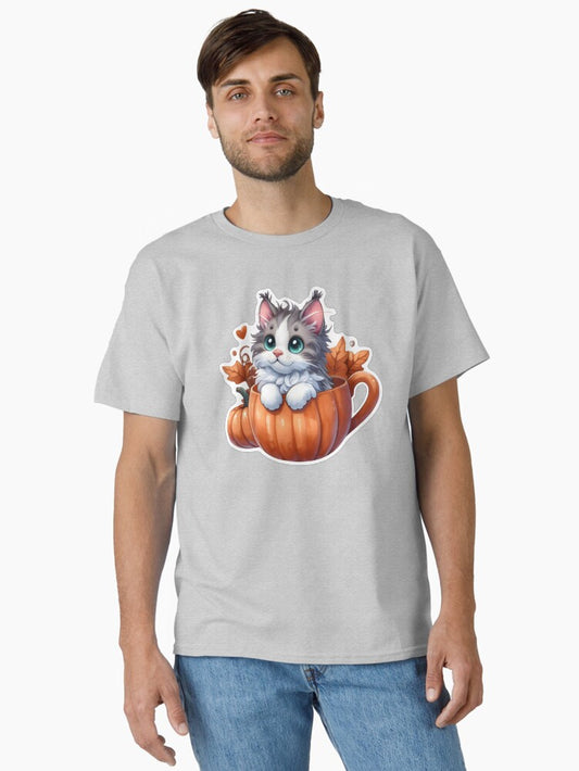 A gray maine coon kitten in a pumpkin cup. Classic T-Shirt