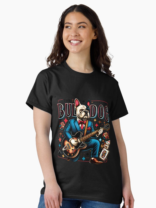 french bulldog funny t-shirt in a suit playing the guitar - Black Classic T-Shirt