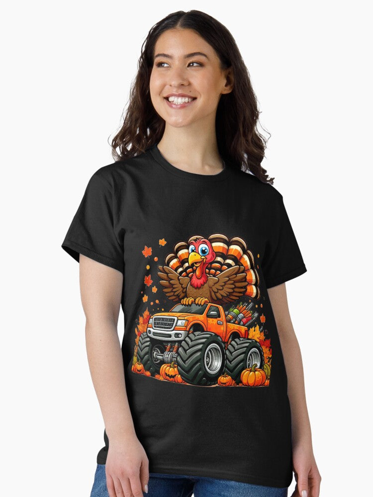 a cartoon turkey riding a monster truck that has a thanksgiving theme surrounded by fall Classic T-Shirt