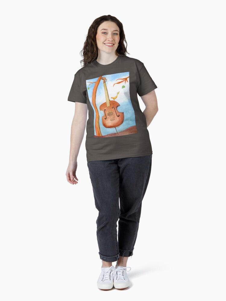 A Bird in a Cello Looking at a Leaf Classic T-Shirt