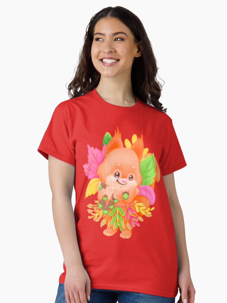 A cute little squirrel with colorful leaves and acorn bead. Classic T-Shirt