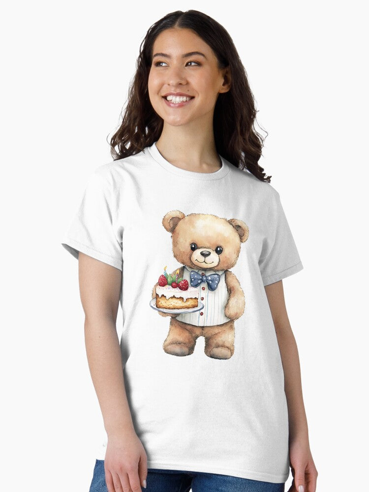 A teddy bear in a suit is holding a cake. Classic T-Shirt