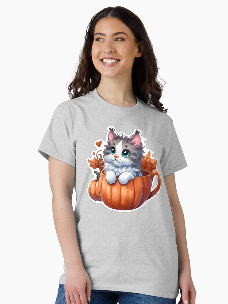 A gray maine coon kitten in a pumpkin cup. Classic T-Shirt