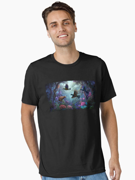 "Kiwi and Tui in an Enchanted Forest" Essential T-Shirt
