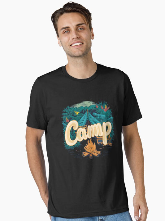 A colorful campsite with a bonfire and a tent Essential T-Shirt Style002