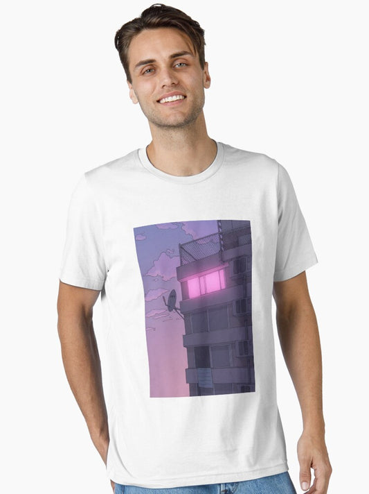 Copy of Lo fi Aesthetic Clothes T Shirt Purple City Architecture Art Sad Boy Shirt Aesthetic Cartoon Japanese Vaporwave Anime Design Artsy Tshirt Essential T-Shirt