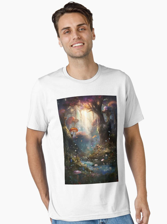 "Enchanted Forest - Magic and Wonder" Fantasy Landscape with Magical Mushrooms and Plants Essential T-Shirt