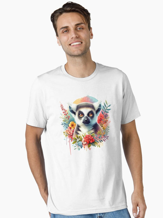 A lemur with a colorful background and various leaves and flowers Essential T-Shirt