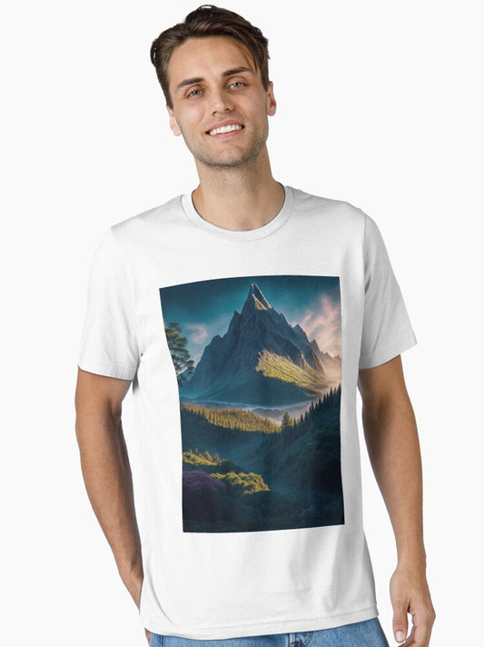 A Majestic Mountain Rising from a Lush Forest, Creating a Harmonious Blend of Rugged Beauty and Verdant Tranquility, Ai Generated Art Essential T-Shirt