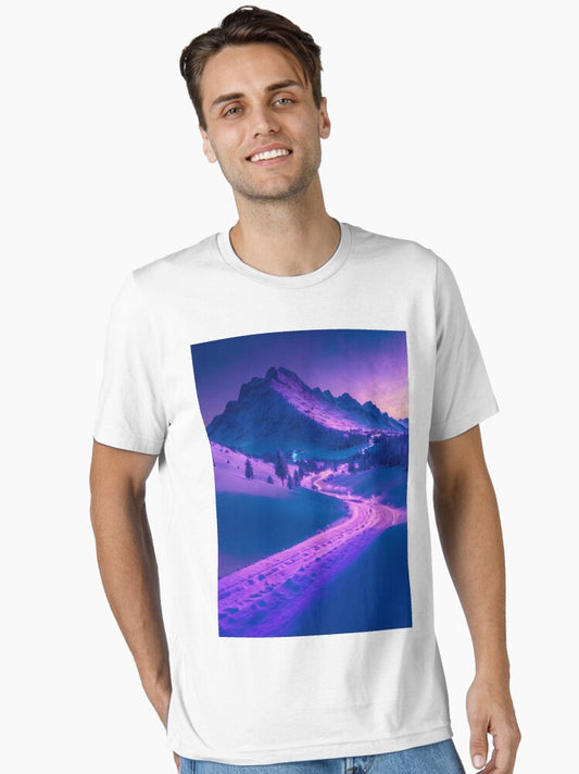 A Groomed Snowcat Trail Winding Through the Majestic Mountain Landscape, Ai Generated Art Essential T-Shirt