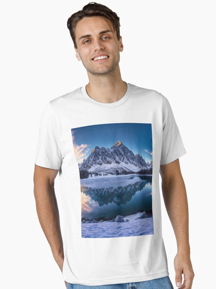 A Panoramic View of Snow-Capped Rocky Mountains with a Serene Alpine Lake in the Foreground, Ai Generated Art Essential T-Shirt