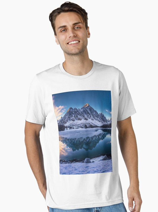 A Panoramic View of Snow-Capped Rocky Mountains with a Serene Alpine Lake in the Foreground, Ai Generated Art Essential T-Shirt