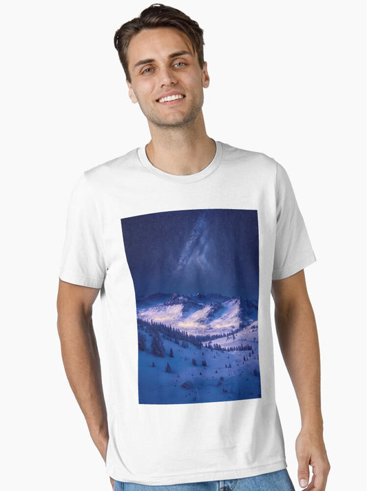 A Starry Night Sky Above Snow-Covered Peaks, Creating a Magical Ambiance in the Mountain Landscape, Ai Generated Art Essential T-Shirt