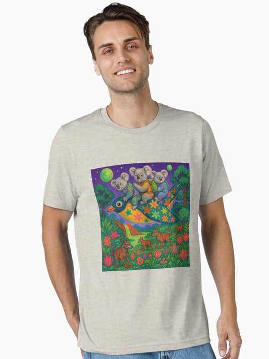 "Koala Sky Riders: Moonlight Adventure in a Floral Forest" Essential T-Shirt