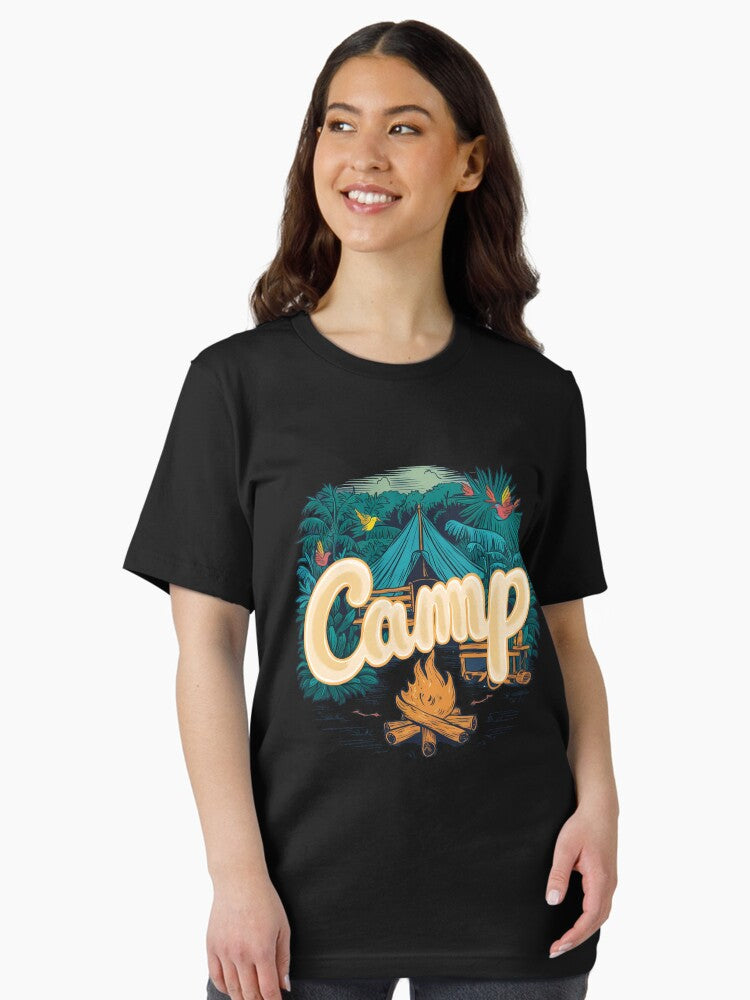 A colorful campsite with a bonfire and a tent Essential T-Shirt Style002