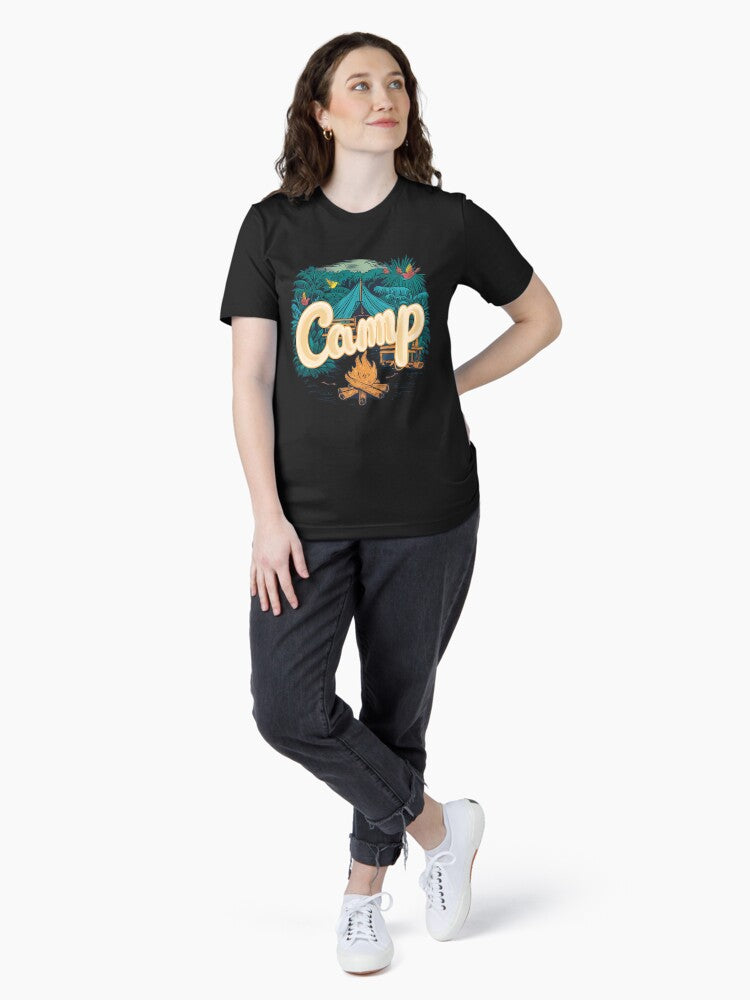 A colorful campsite with a bonfire and a tent Essential T-Shirt Style002