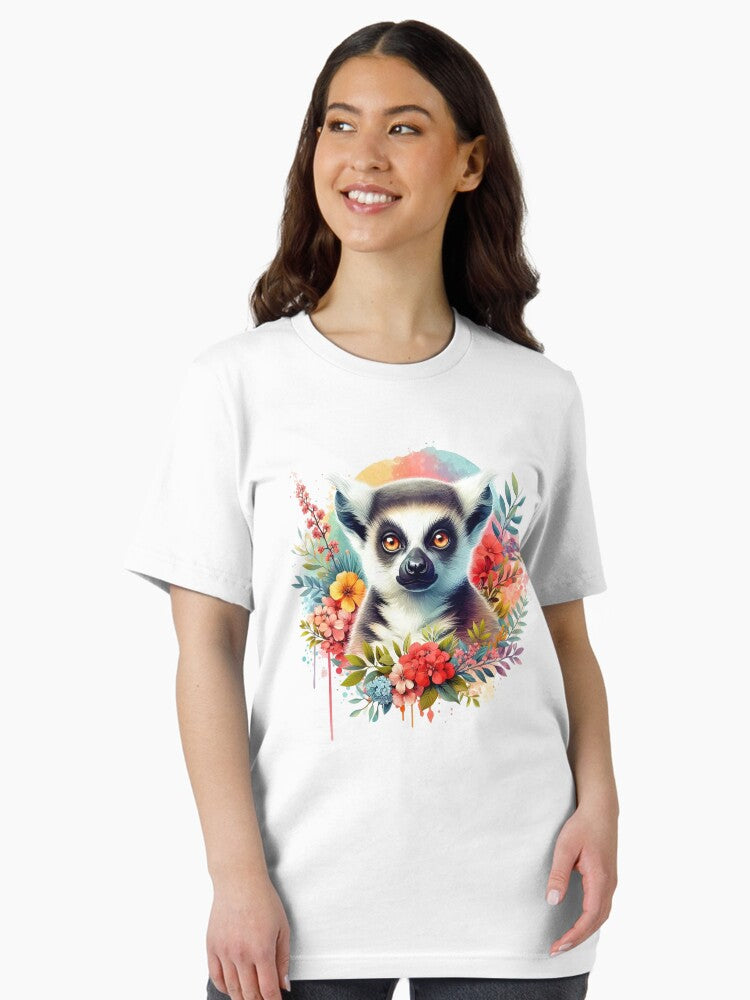 A lemur with a colorful background and various leaves and flowers Essential T-Shirt